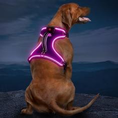 Vizbrite Arnês para cães iluminados, sem puxão, de LED, com alça, colete de segurança recarregável para cães pequenos, médios e grandes, luzes macias ajustáveis para caminhadas noturnas