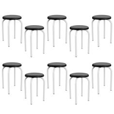 Kit 10 Banquetas Baixas Empilháveis Maviê Assento Couro Sintético Aço 45 cm Preto Branco Mpozenato