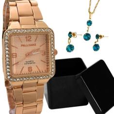 Relógio Feminino Original Quadrado + Brincos Colar Folheado - Azmar Se