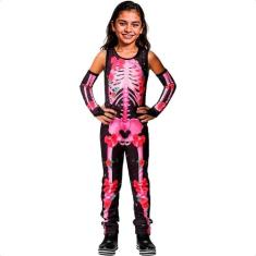 Fantasia Esqueletinha Rosa Neon Infantil Feminino Halloween - Fantasia