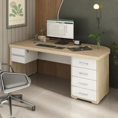 Mesa para Escritório Diretor em Tamburato com 6 Gavetas Carvalho/Branco