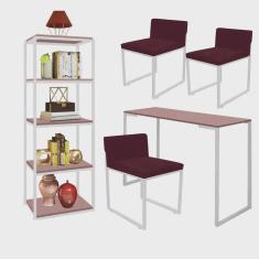 Kit Escritório Ravi 3 Cadeiras Suede Bordô com 1 Mesa e 1 Livreiro Ferro Branco mdf Rose Rosa - Ahazzo Móveis