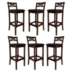 Kit 6 Banquetas Alta Estofada para Bancada Madri Madeira Capuccino Suede Preto CCS