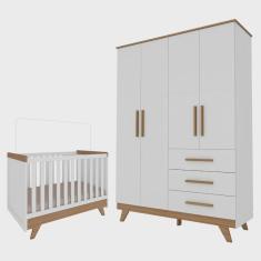 Quarto de Bebê Completo Retro com Guarda Roupa 4 Portas 3 Gavetas e Berço Mini Cama Móveis Peroba