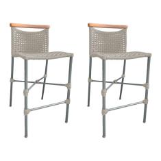 Kit 2 Banquetas Em Corda Náutica Base Em Alumínio Cinza Com Detalhe Em Madeira Areia Bege