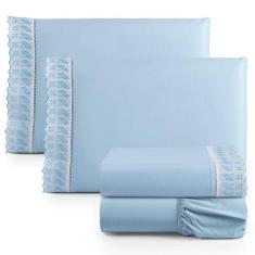 Jogo De Lençol King 4 Pçs Basic Percal 180 Fios Lese Bordado Inglês - Azul