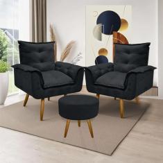 Kit 2 Poltronas Decorativas Opala e Puff Solar Suede Preto Aradecor