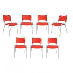 Kit 7 Cadeiras Iso Para Escola Escritório Comércio Vermelha Base Branca