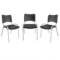 Kit 3 Cadeiras Iso Para Escola Escritório Comércio Preto Base Branca