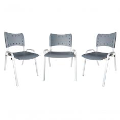 Kit 3 Cadeiras Iso Para Escola Escritório Comércio Cinza Base Branca