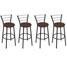 Kit 4 Banquetas Médias Preta com Encosto Assento Marrom