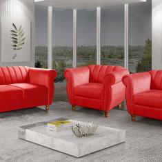 Conjunto Realeza Sofá com Poltronas Chesterfield Decoração Vermelho