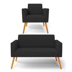 Sofá Namoradeira Com Poltrona Pés Palito Castanho Marisa Veludo Preto D03 - D'rossi