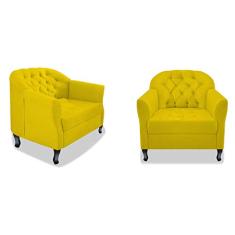 Kit 02 Poltrona Cadeira Sofá Julia com Botonê Pés Luiz XV para Sala de Estar Recepção Quarto Escritório Suede Amarelo - AM Decor