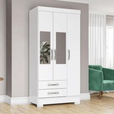 Guarda-Roupa Solteiro 3 Portas 2 Gavetas com Espelho Branco/Branco/Ros