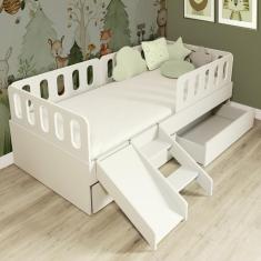Cama Solteiro Mdf Branco Com 02 Gavetas Escadinha/escorrega 03 Grades E Cabeceira Anatômica Mobilistore