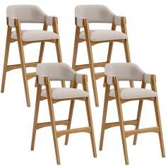 Kit 4 Banquetas Altas Suran L02 Moderno Madeira Taeda Assento Estofado Poliéster Creme Lyam Decor