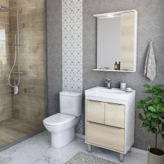 Gabinete Para Banheiro Com Cuba E Espelheira Com Led Eleganza Branco Legno Crema