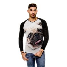 Camiseta Raglan Cachorro Pug Bege Manga Longa