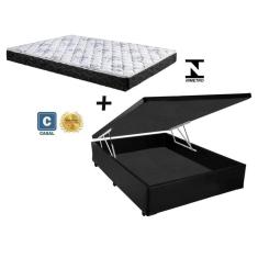 Cama Box Baú Casal Conforto Sintético Preto + Colchão Casal Conforto Espuma D23 Com EPS 16x138x188