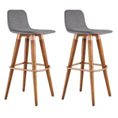 Kit 2 Banquetas Altas Luxo Linea Aço Cobre Linho Cinza Base Carvalho