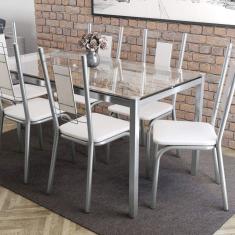 Conjunto Sala de Jantar Mesa Tampo de Vidro Reno e 6 Cadeiras Florença Crome Kappesberg Cromado/Branco