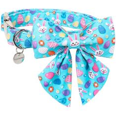 DOGWONG Coleira de algodão para cães de páscoa com gravata borboleta, coleira macia ajustável de coelho azul para cães pequenos, médios e grandes