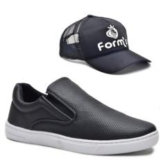 Kit Tênis Casual Masculino Slip On Elástico Conforto + Boné Preto
