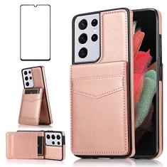 Capa de telefone para Samsung Galaxy S21 Ultra Glaxay S21ultra 5G com protetor de tela de vidro temperado e suporte para cartão de crédito capa carteira suporte celular de couro Gaxaly 21S S 21