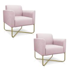 Kit 02 Poltronas Marisa Suede Base X Industrial Rosa Bebê