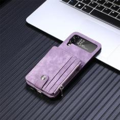 Capa dobrável tipo carteira de couro retrô destacável com zíper para Samsung Galaxy Z Flip 4 5G Flip4 Flip3 2 em 1 capa de telefone com suporte para cartões, roxa, para Samsung Z Flip 4