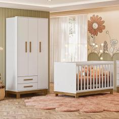 Quarto de Bebê Qencanto Slim com Roupeiro 4340 e Berço Mini Cama 4315 Qmovi Branco Acetinado