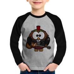 Camiseta Raglan Infantil Coruja Rock Guitarra Manga Longa - Foca na Mo