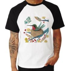 Camiseta Raglan Beija Flor No Ninho - Foca na Moda, Branco, Preto, GGG
