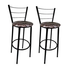 Kit 2 Banquetas Altas Preta com Encosto Assento Floral Marrom