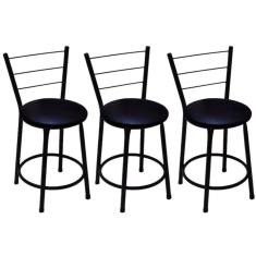 Kit 3 Banquetas Baixas Preta com Encosto Assento Preto