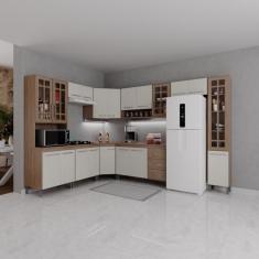 Cozinha Modulada Completa Fidelitá Paris 9 Peças 515cm 20 Portas 3 Gavetas Com Tampo Nogal/salinas