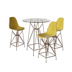 Jogo Mesa Bistrô Eames Vidro 60Cm 3 Banquetas Amarela Base Ferro Cobre - Cor: Branco