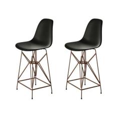 Kit 2 Banquetas Bistrô Alta Eames Preta Base Ferro Cobre - Cor: Preto 