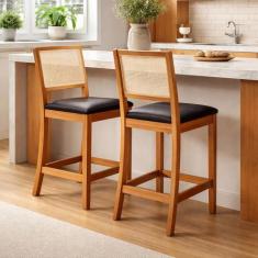 Kit 2 Banquetas Altas em Tela Sextavadas Assento Estofado Couro Pu Pre