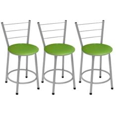 Kit 3 Banquetas Baixas Prata com Encosto Assento Verde - Fortmix