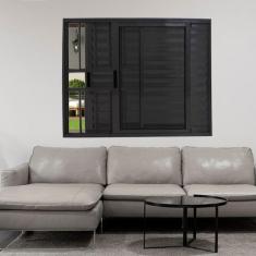 Janela Veneziana de Alumínio 3 Folhas 100 x 120cm Linha 25 com Grade Esquadrias Bergame Preto