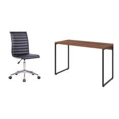 conjunto de mesa studio nogal 120 cm com cadeira de escritório secretária giratória marilyn preta