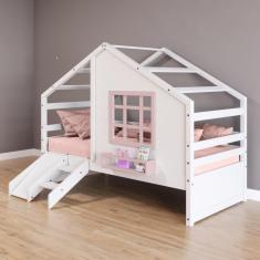 Cama Casinha com Janela e Escada/ Escorregador Madeira Maciça Branco/ Rosa Housin