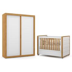 Jogo de Quarto Infantil Tutto New Guarda Roupa 2 Portas e Berço com Capitonê - Matic Móveis Branco Soft/Freijó