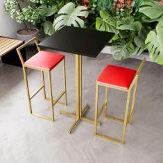 Jogo Mesa Alta Bistrô Quadrada Preta 2 Banquetas Estofado Confort Indu