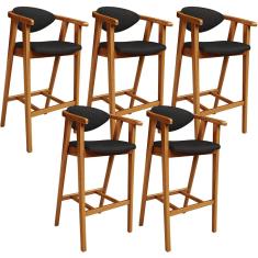 Kit 05 Banquetas Alta Cozinha Bancada Bar Sala de Jantar Fixa Cecília L02 Couríssimo Preto - Lyam