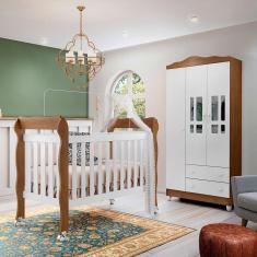 Quarto de Bebê Guarda Roupa 3 Portas Ariel Berço 3 em 1 Lila Branco Amadeirado Carolina Baby