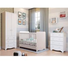 Quarto de Bebê Completo Guarda Roupa 2 Portas Cômoda e Berço Mini Cama Cambalhota Espresso Móveis Branco Brilho