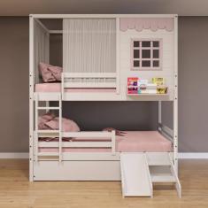 Treliche Casinha Reta com Grade Removível Escorregador e Cortina Madeira Maciça Branco/ Rosa Housin